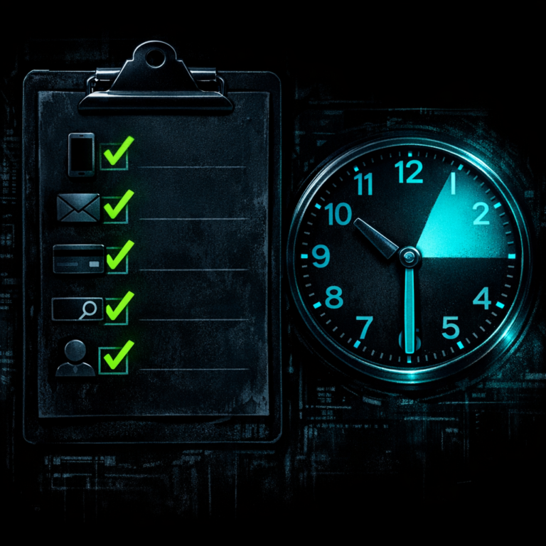 A checklist clipboard with green checkmarks beside privacy item icons and an analog clock showing 30 minutes