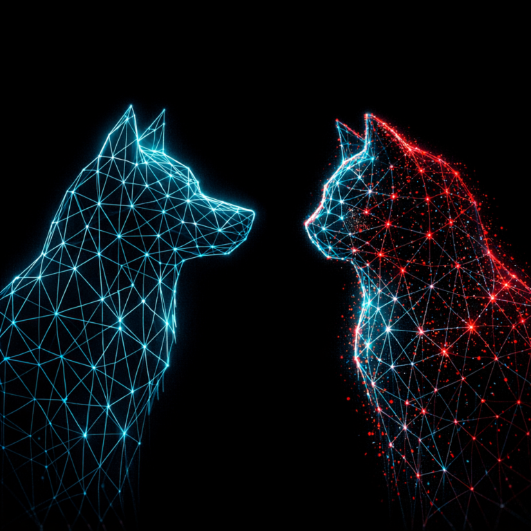 Two wireframe animal silhouettes with subtle perturbation causing classification flip representing adversarial examples