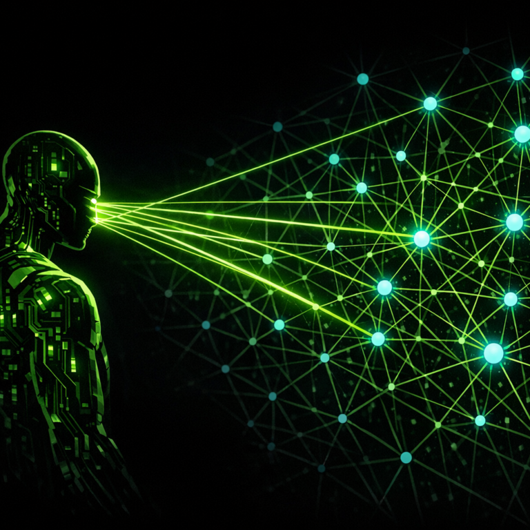 An AI agent silhouette scanning a network diagram with multiple parallel reconnaissance beams
