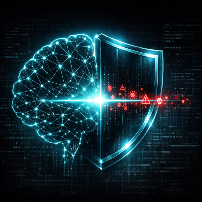 Neural network brain intersecting with security shield representing AI in cybersecurity