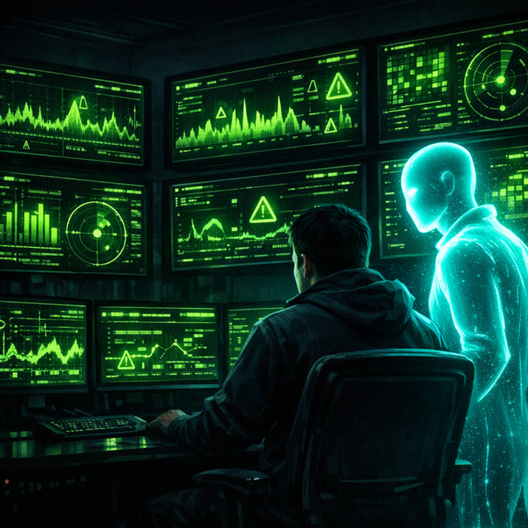 A SOC control room with wall-mounted alert dashboards, an AI agent figure beside a human analyst