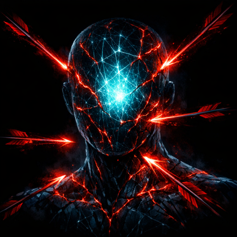 Neural network struck by adversarial probing arrows with cracks representing AI red teaming