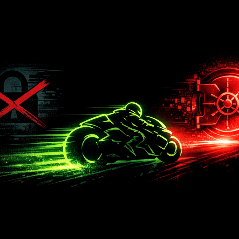 A stylised motorcycle silhouette speeding away from a crossed-out encryption lock icon toward a glowing data vault