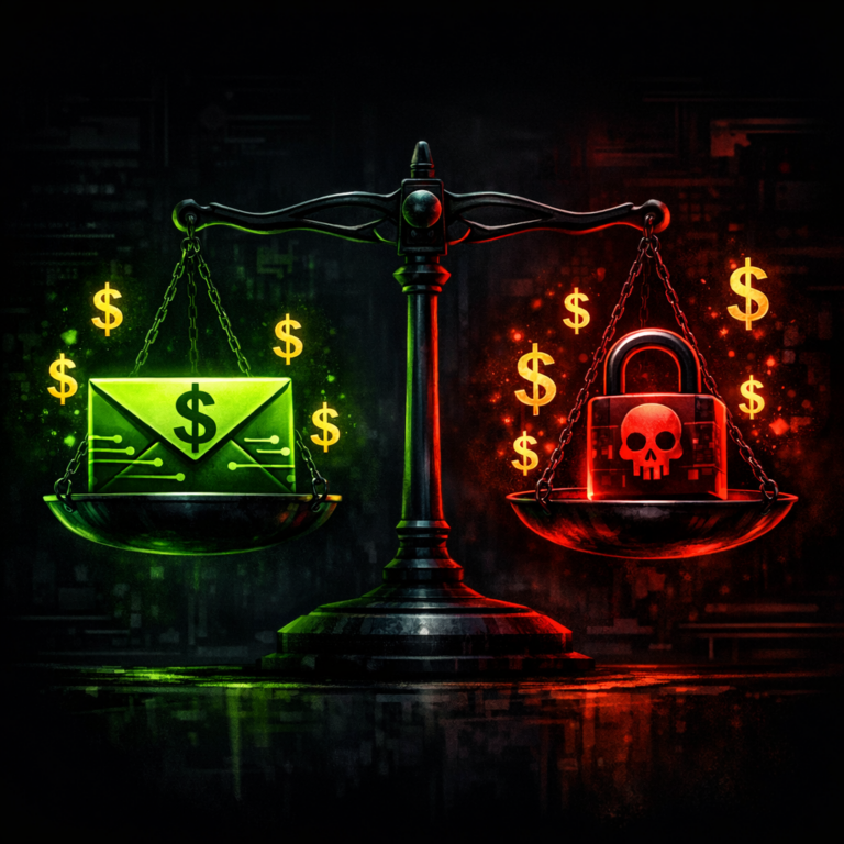 A balanced scale comparing a wire-transfer envelope icon against a ransomware lock icon with floating dollar signs