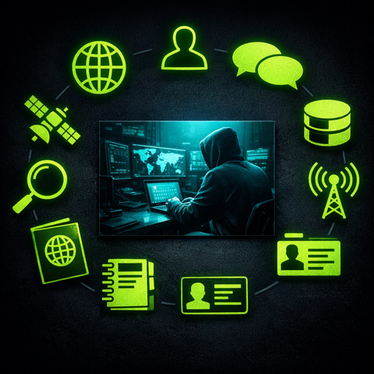 A flat-lay arrangement of ten OSINT tool icons surrounding a central photograph in a circular pattern