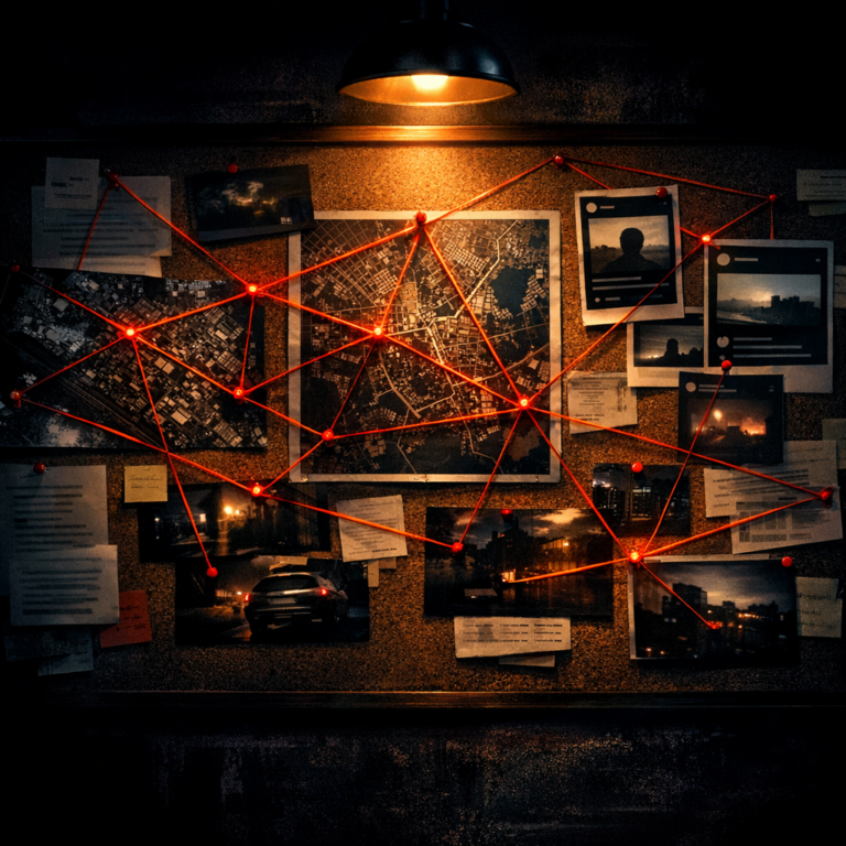 Investigation board with red threads connecting evidence representing Bellingcat methodology