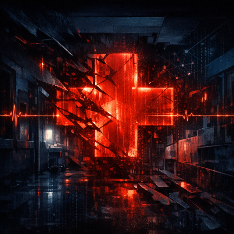 Crimson medical cross over fragmenting hospital architecture symbolising Black Basta healthcare attacks