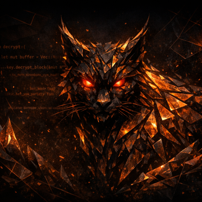 Stylised black panther silhouette composed of rust-orange crystalline shards representing BlackCat ransomware