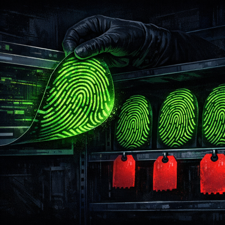 A digital fingerprint pattern being lifted from a browser window and placed onto a marketplace shelf with price tags