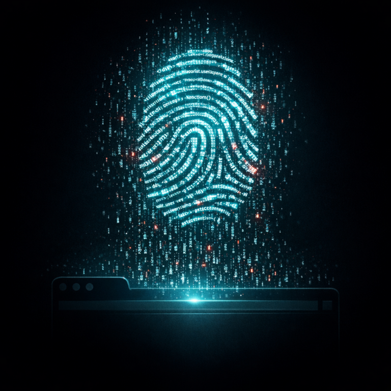 Fingerprint formed from code particles emerging from browser representing browser fingerprinting