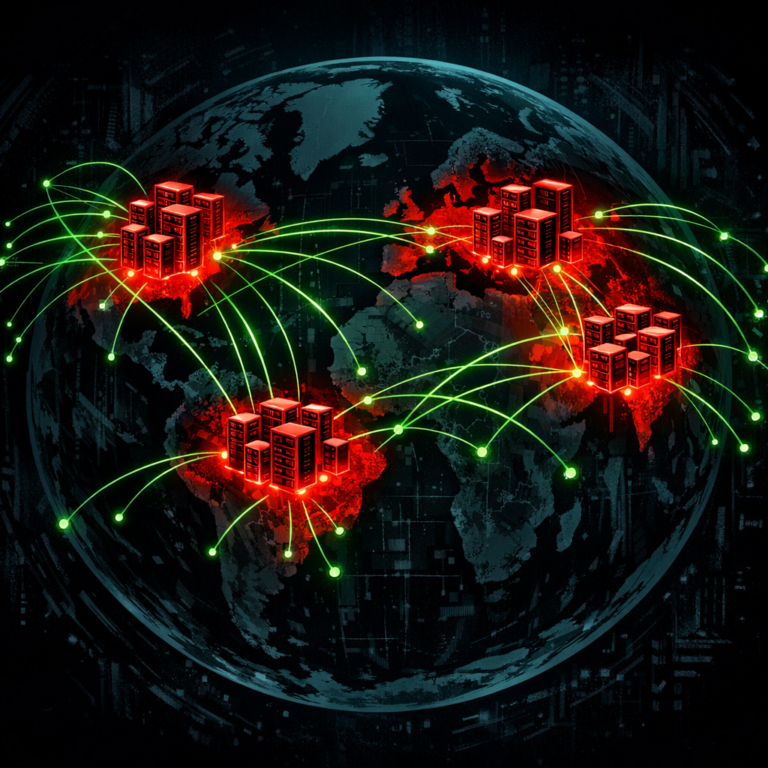 A globe with bulletproof hosting hubs highlighted in red, with network connections fanning out to attack targets
