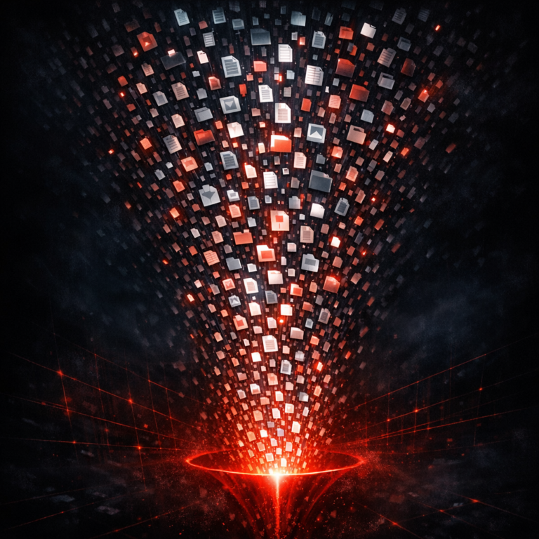 Cascade of digital files streaming into an exfiltration funnel symbolising Cl0p mass data theft