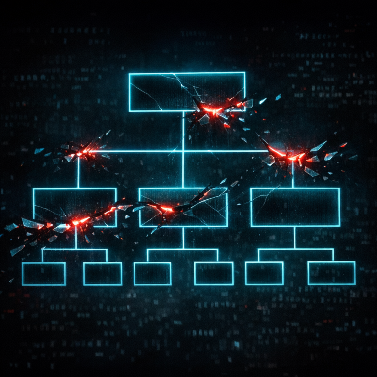 Fracturing corporate org chart symbolising the Conti ransomware leaks and dissolution
