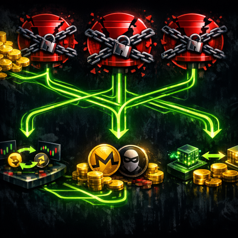 Cryptocurrency laundering pipeline with broken mixer icons and alternate routing through DEX and privacy coins