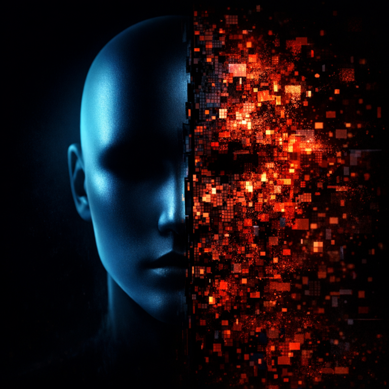 Humanoid silhouette face split between real and pixelated synthetic representing deepfakes