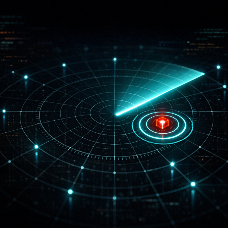 Radar sweep over endpoint grid with one detected node representing infostealer detection