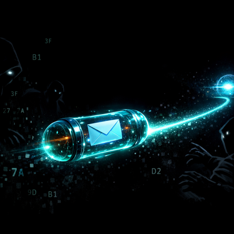 DNS query sealed in cryptographic capsule traveling to resolver representing encrypted DNS
