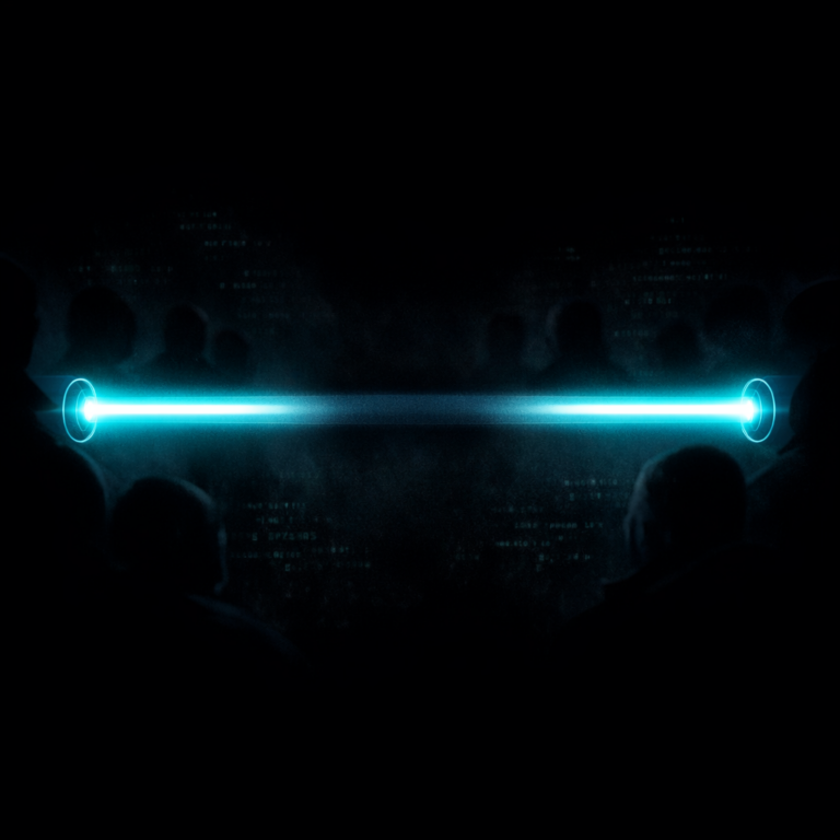 Two endpoints with bright encrypted channel passing through dim observer shadows representing E2EE