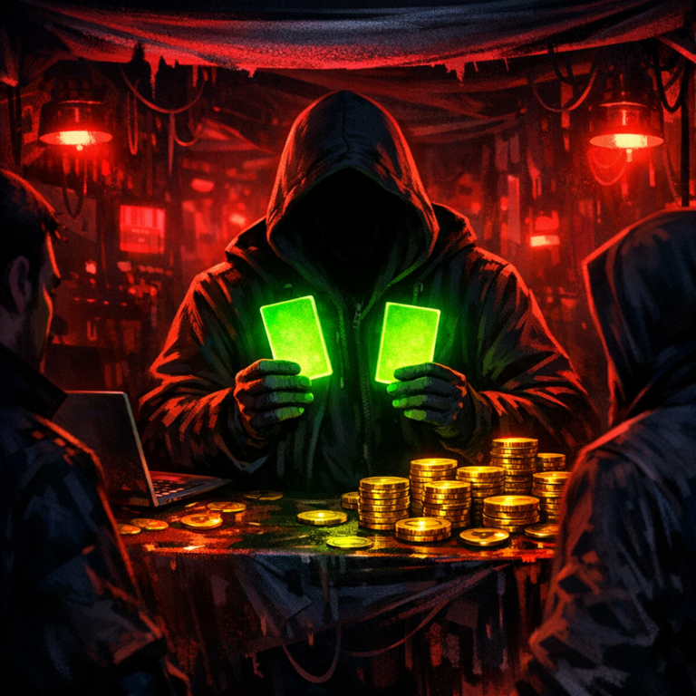 A marketplace stall where a hooded figure trades glowing jailbreak prompt cards for cryptocurrency
