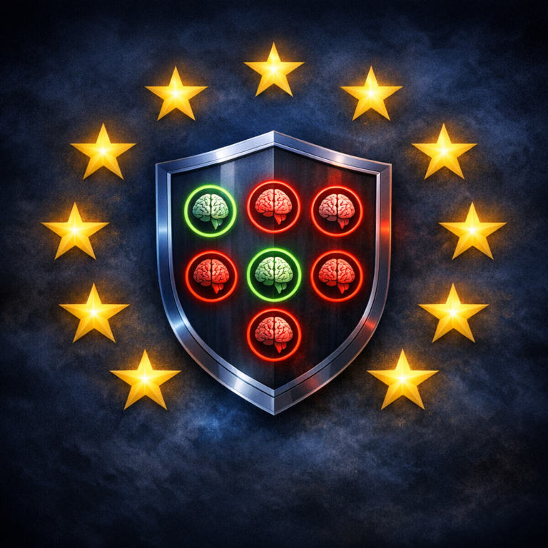 EU stars surrounding compliance shield with tiered AI brains representing the EU AI Act