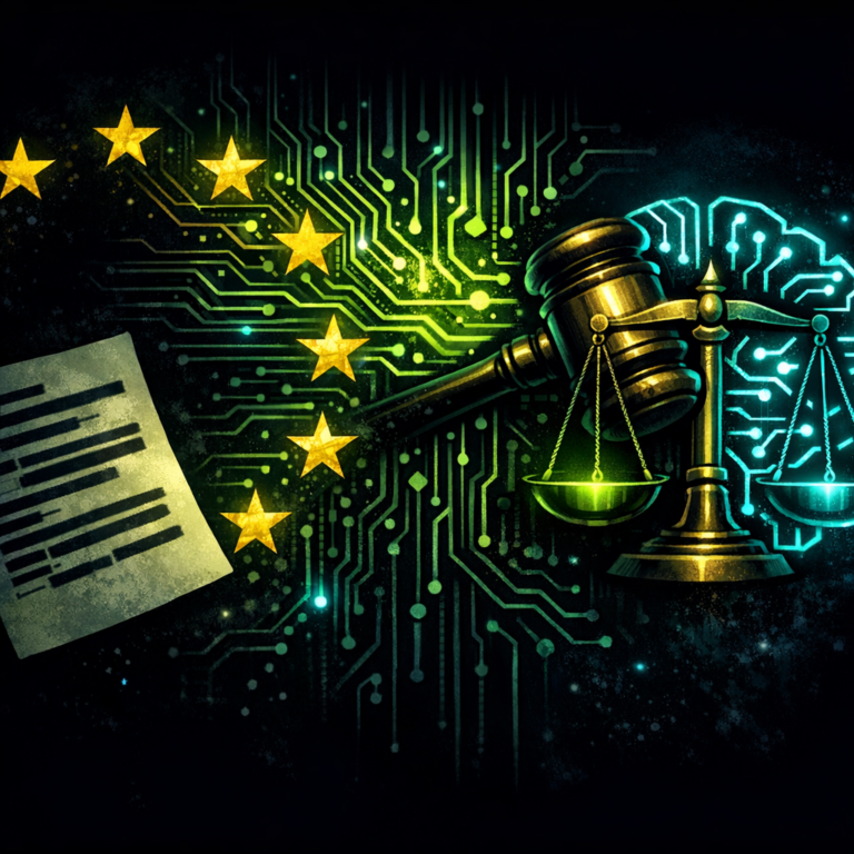 EU flag star pattern merging with circuit-board pattern alongside a gavel and AI brain icon
