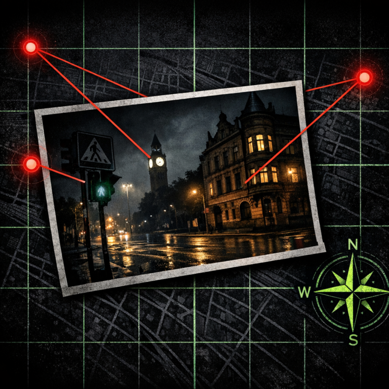 A photograph overlaid on a grid map with triangulation lines connecting visual landmarks to coordinates