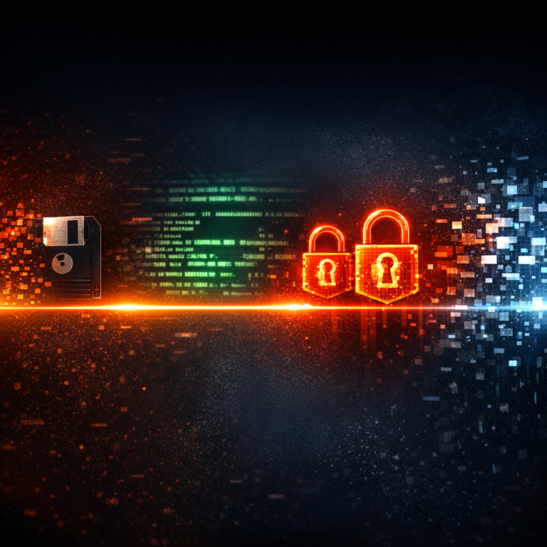 Visual timeline depicting the evolution of ransomware from floppy disks to modern leak sites