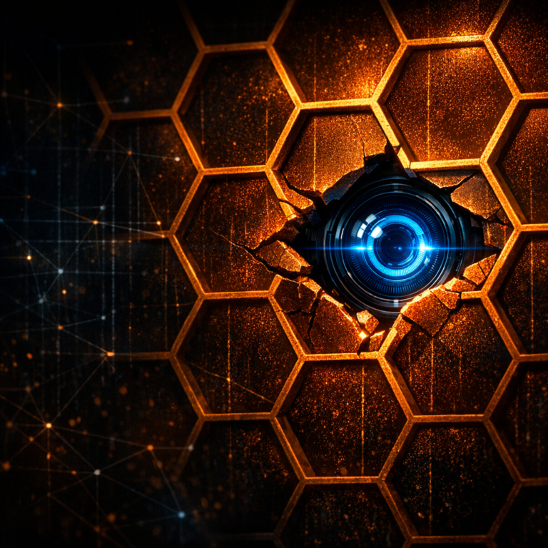 Honeycomb structure with a fractured cell revealing a surveillance lens, symbolising the FBI takedown of Hive