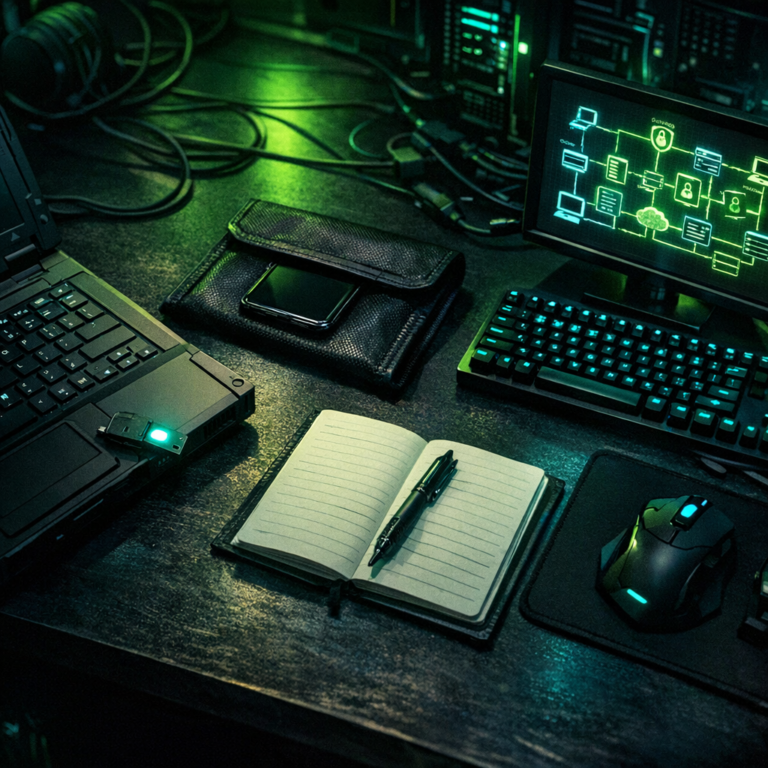 A top-down view of an indie researcher's home lab with hardened laptop, hardware key, faraday pouch, and network diagram monitor