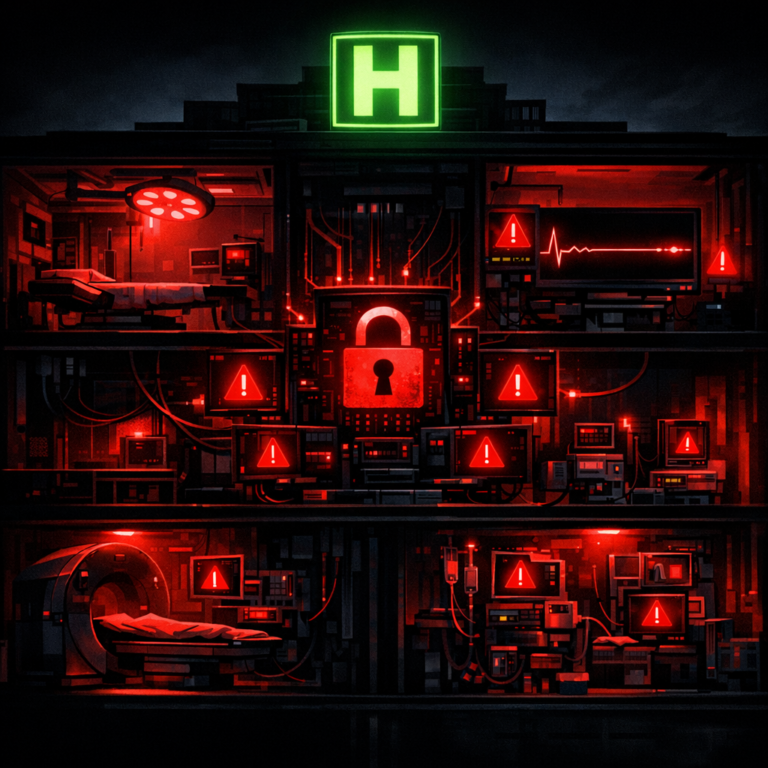A hospital cross-section with red alert lights, flat-line heart-rate monitor, and a red lock icon on the central system