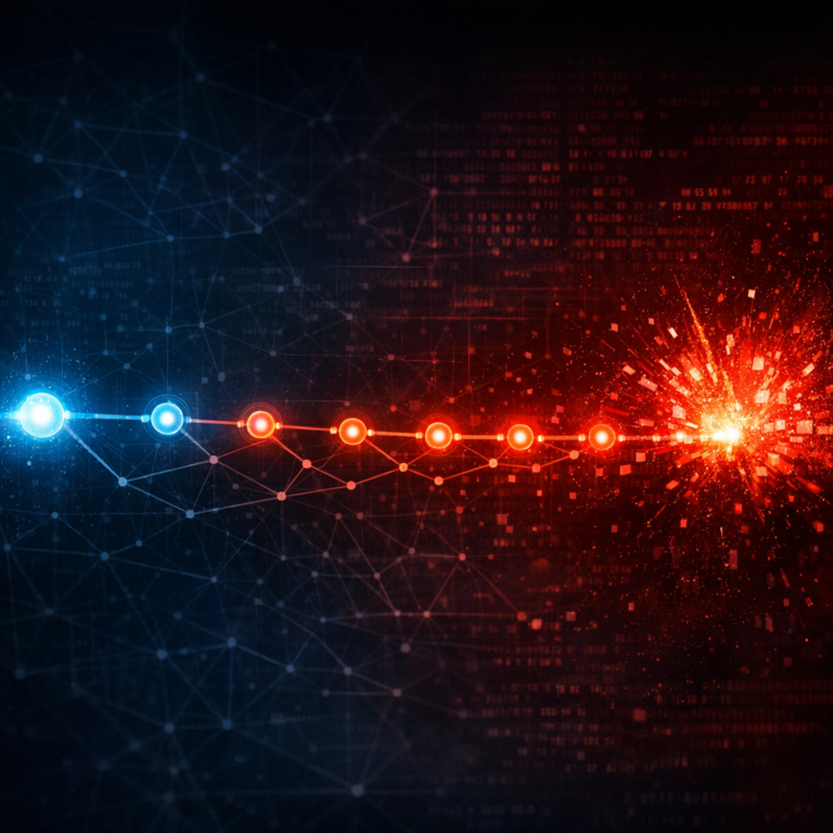 Abstract visualisation of a ransomware attack kill chain with cascading network nodes