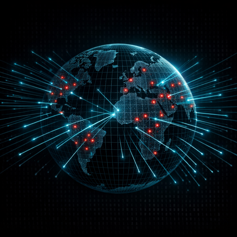 Globe wireframe with cyan scanning beams and red exposure flags representing internet-wide scanners