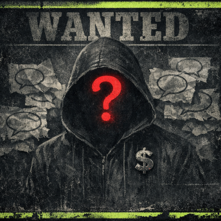 A faded wanted poster with a hooded silhouette and question mark, surrounded by crumpled rumour bubbles