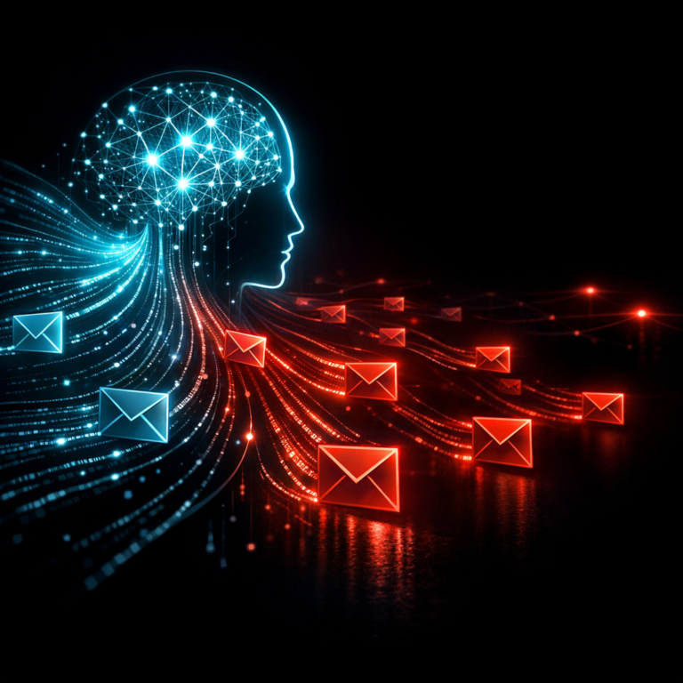 AI neural network emitting text streams becoming email envelopes representing LLM-driven phishing