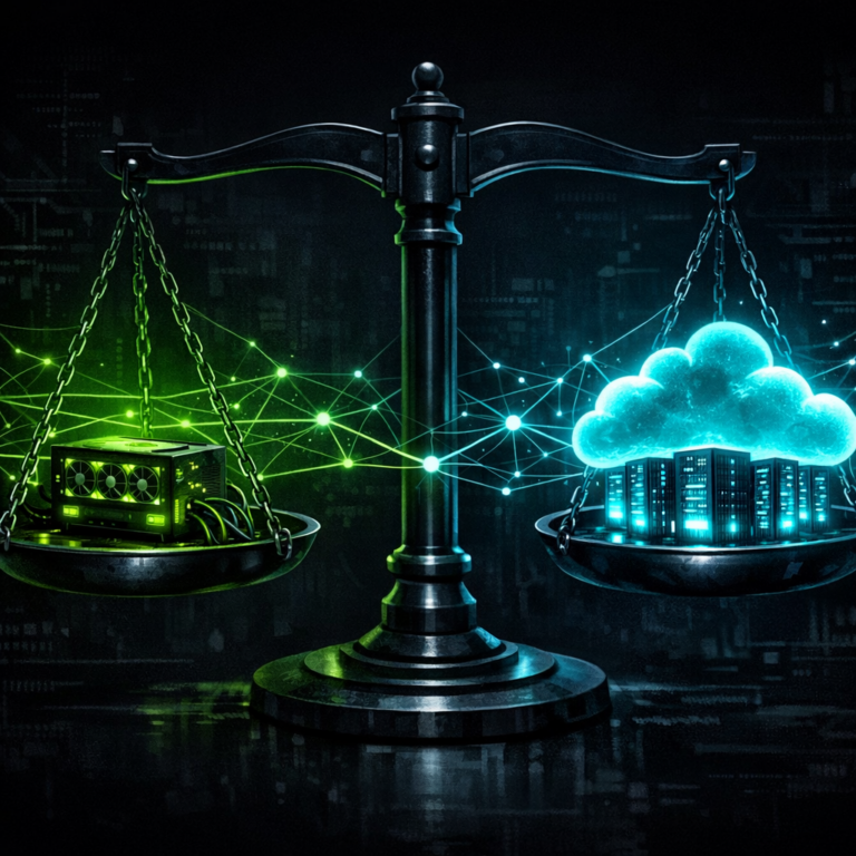 A balanced scale comparing a home GPU server against a cloud datacentre with connection lines