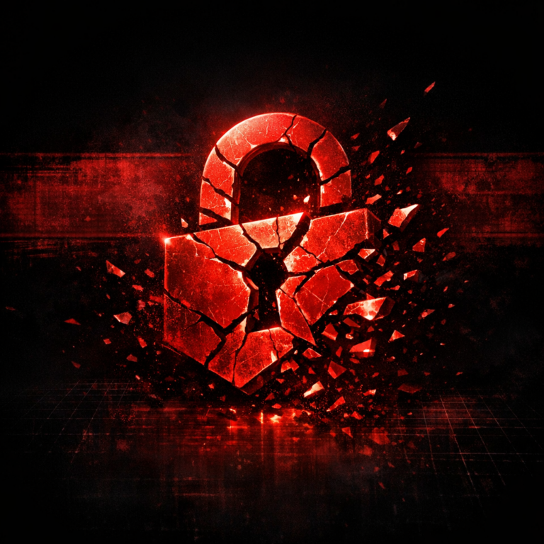 Shattered glowing red padlock symbolising the LockBit takedown