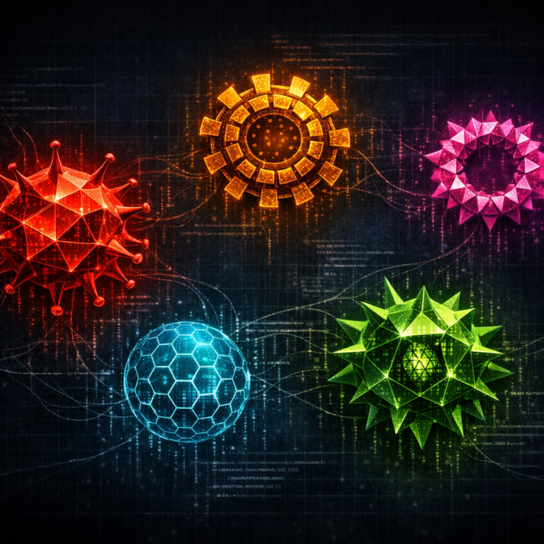 Five distinct glowing virus cells representing infostealer malware families