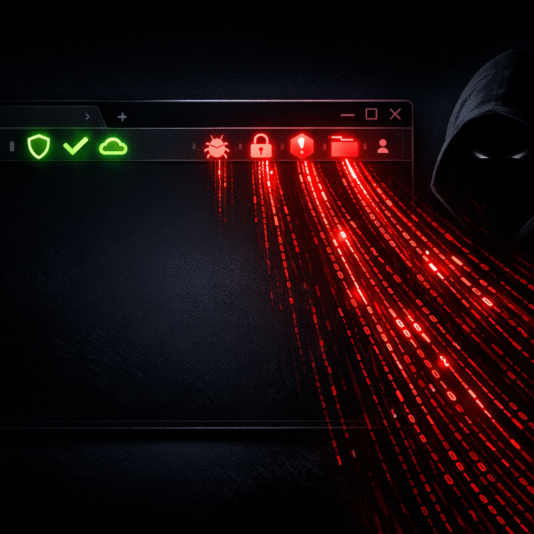 Browser toolbar with extension icons, some glowing red with data streams flowing out to a shadow figure