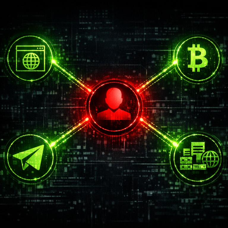 Entity graph focused on ransomware research with central operator node and branching infrastructure nodes