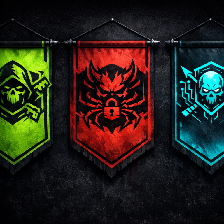 Three stylised sport-team-style banners hanging in a row with abstract emblems for mid-tier ransomware operators