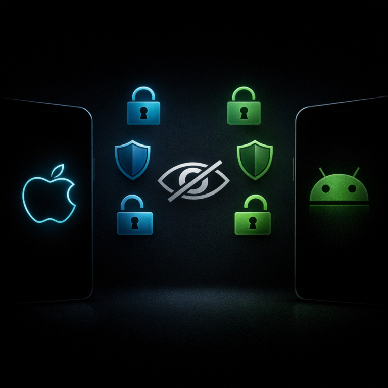 Two abstract mobile phone silhouettes with privacy icons between them representing iOS vs Android privacy