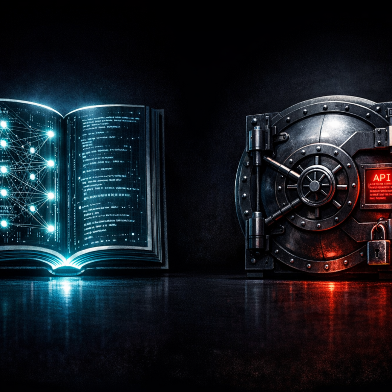 Open book of weights versus sealed vault with API window representing open vs closed AI models