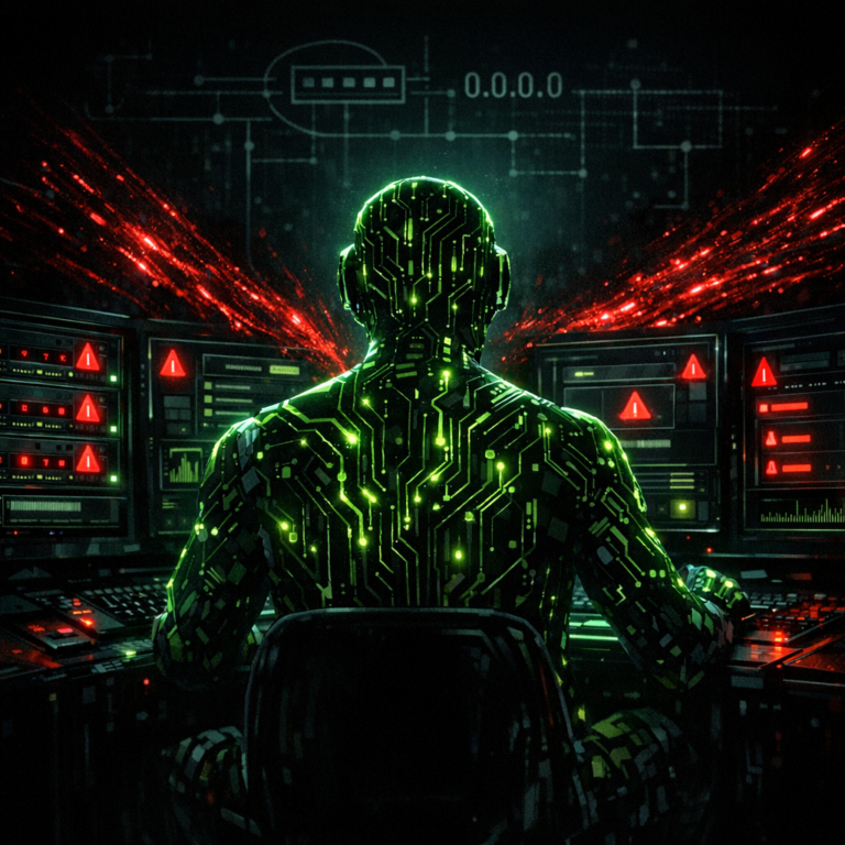 A glowing humanoid AI agent at a wide-open control dashboard with red alert indicators and data leaking from its back