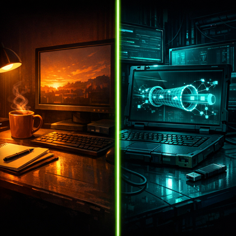 Split-screen showing a personal warm-toned setup separated from a hardened research setup by a neon green divider