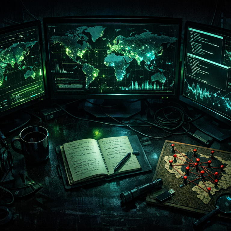 An investigator's workstation at night with multiple monitors showing maps and data, lit by neon green and cyan accents