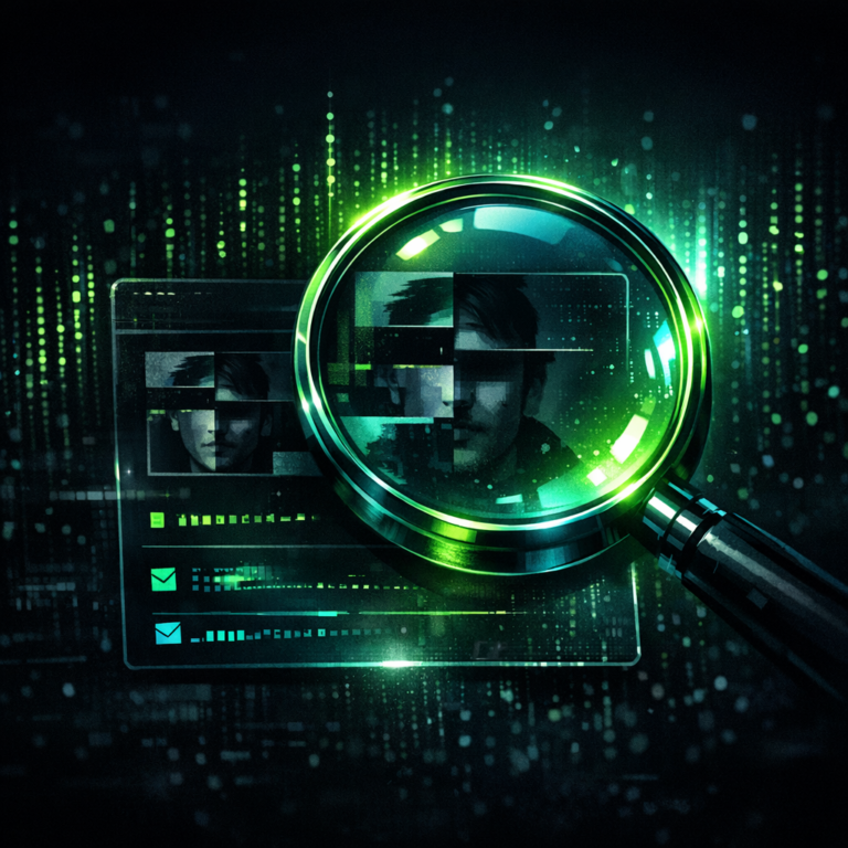 A glowing magnifying glass scanning a fragmented digital identity profile with username and email visible