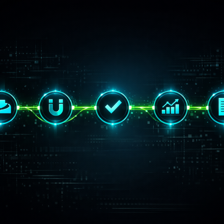 A five-stage workflow pipeline with glowing connected nodes representing intake, collection, verification, analysis, and report