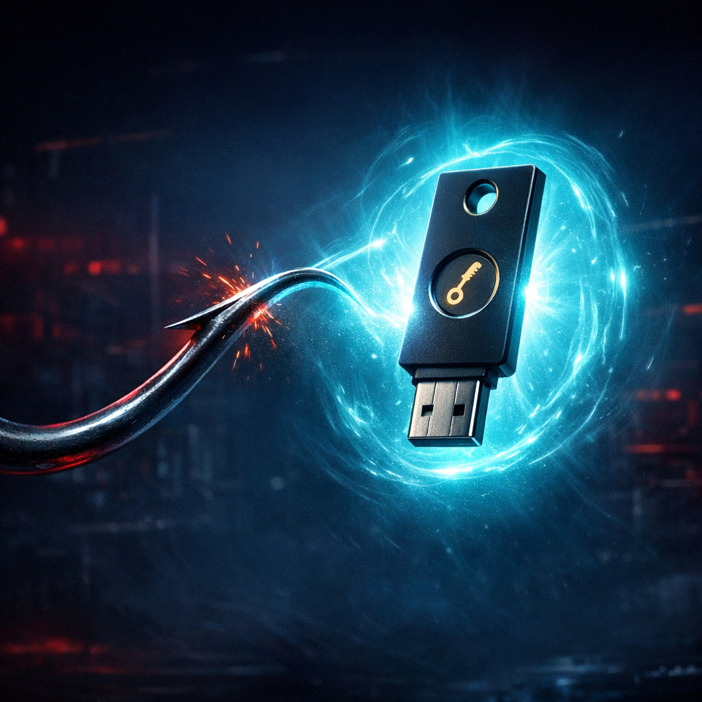 Phishing-Resistant MFA: Which Authentication Methods Actually Work in 2026 Hardware security key deflecting a phishing hook representing phishing-resistant MFA