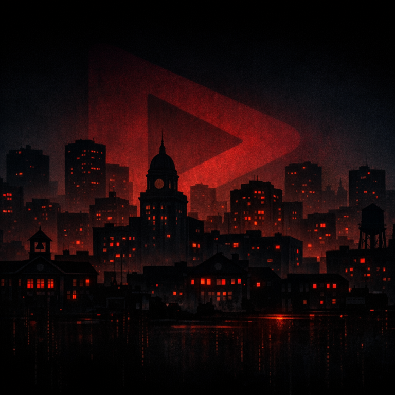City skyline silhouette with scattered glowing red windows symbolising Play ransomware municipal attacks