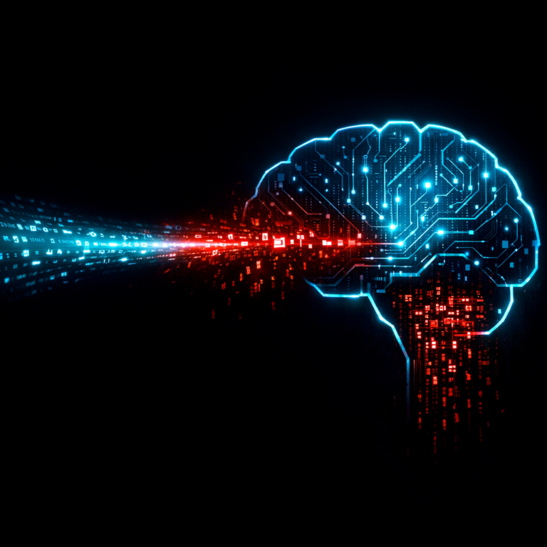 Prompt stream entering AI brain with red injection corrupting output representing prompt injection